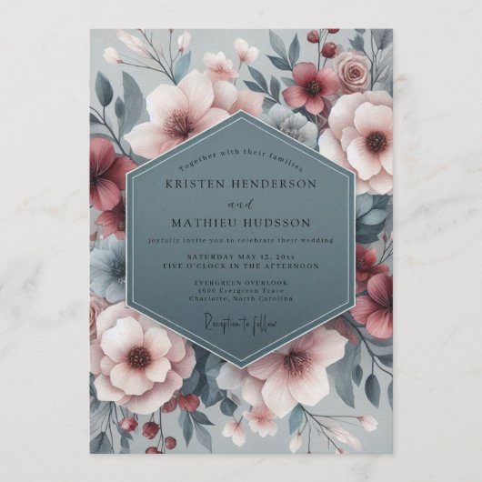 Slate Blush Pastoral Bloom Wedding Einladung (Vorderseite)