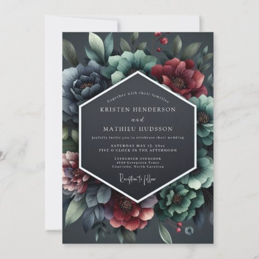 Slate Burgundy Baroque Bloom Wedding Einladung (Vorderseite)