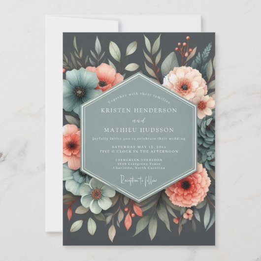 Slate Coral Botanical Wedding Einladung (Vorderseite)