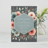 Slate Coral Botanical Wedding Einladung (Stehend Vorderseite)
