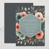Slate Coral Botanical Wedding Einladung (Vorne/Hinten)