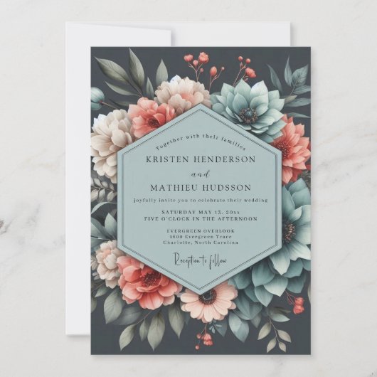Slate Coral Moody Bloom Wedding Einladung (Vorderseite)