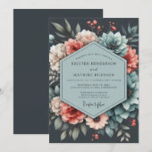 Slate Coral Moody Bloom Wedding Einladung (Vorne/Hinten)