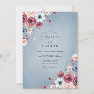 Slate Crimson Pfingstrosen-Hochzeit Einladung