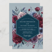 Slate Crimson Somber Flora Wedding Einladung (Vorne/Hinten)