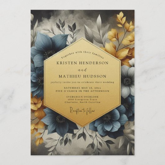 Slate & Gold Painterly Bloom Wedding Einladung (Vorderseite)