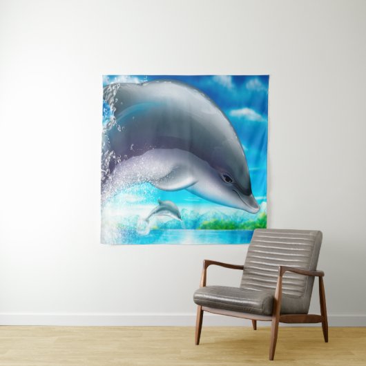 Slate Gray Blue Ocean Dolphins Tapestry Wandteppich (Beispiel)