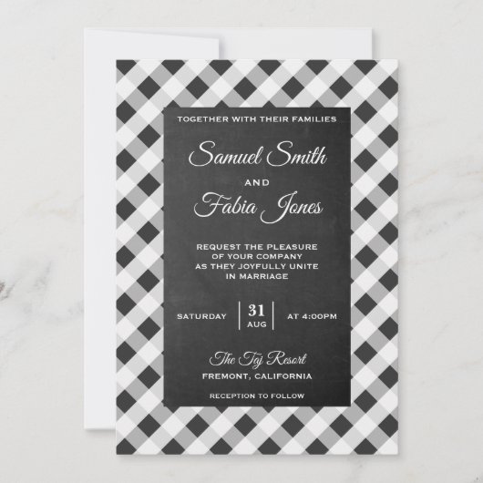 Slate Gray Gingham Chalkboard Wedding Einladung (Vorderseite)