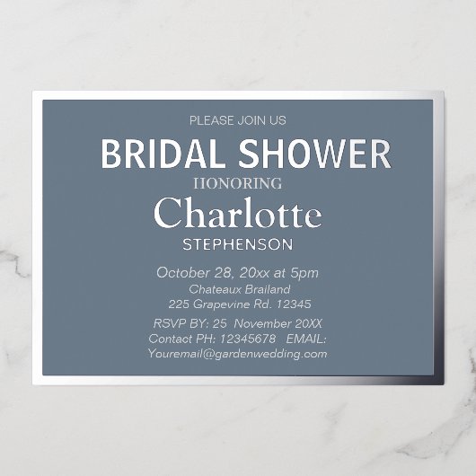 Slate Gray Modernes Classic Brautparty Silver Folieneinladung (Vorderseite)