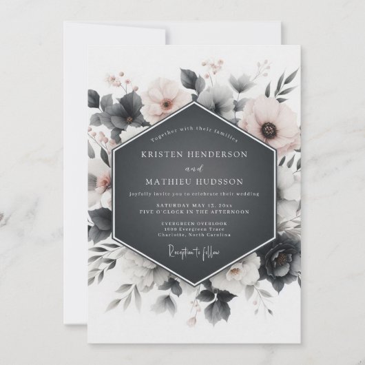 Slate Grey Floral Elegance Wedding Einladung (Vorderseite)