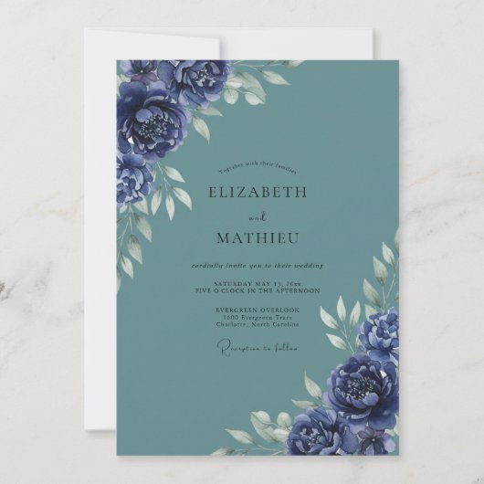 Slate Indigo Bloom Hochzeit Einladung (Vorderseite)