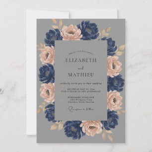 Slate Indigo Pfingstrosen-Hochzeit Einladung