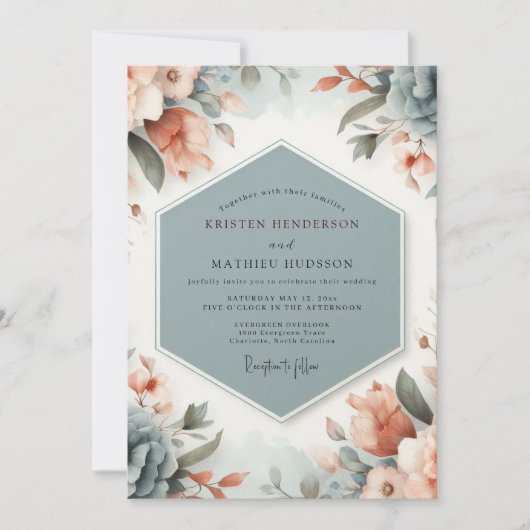 Slate Peach Painterly Wedding Einladung (Vorderseite)