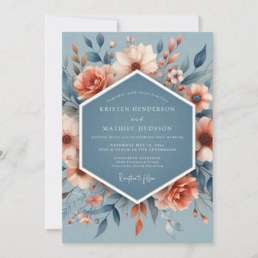 Slate Peach Poetic Flora Wedding Einladung (Vorderseite)