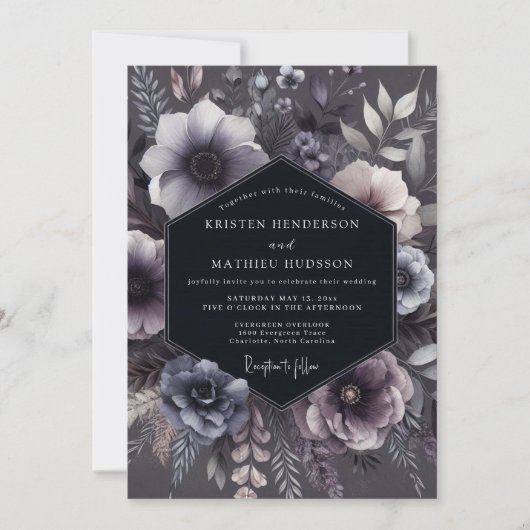 Slate Purple Floral Moody Wedding Einladung (Vorderseite)