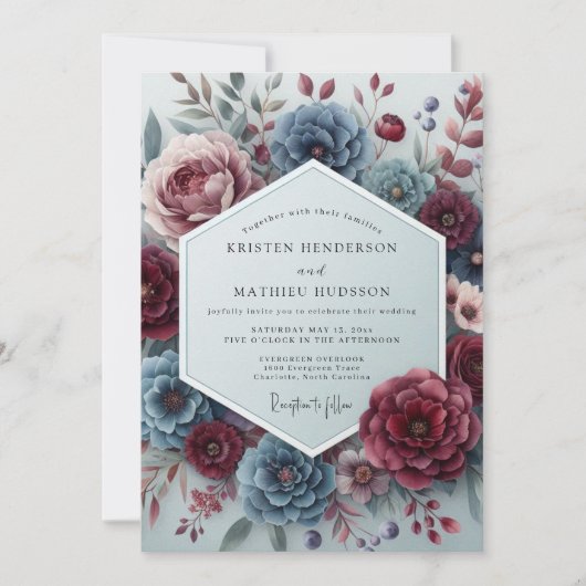 Slate Rouge Somber Flora Hochzeit Einladung (Vorderseite)