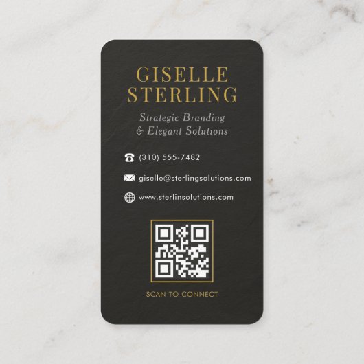 Slate Stone Black White Gold Monogram QR Code Visitenkarte (Rückseite)
