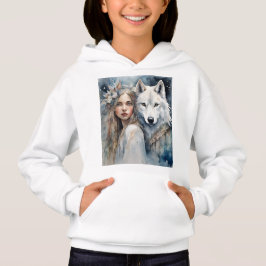 Slavic Girl and white Wolf Hoodie