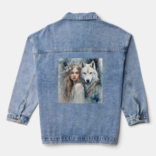 Slawisches Mädchen und weißer Wolf Jeansjacke