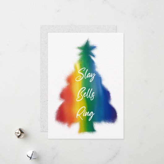 Slay Bells Ring Rainbow Weihnachtsbaum Feiertagskarte (Vorderseite/Rückseite Beispiel)
