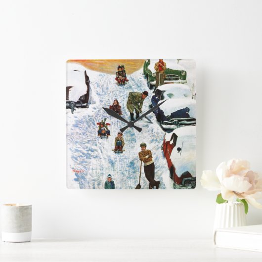 Sledding and Digging Out Quadratische Wanduhr (Zuhause)