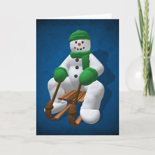 Sledding Vintager Snowman Feiertagskarte (Vorderseite)