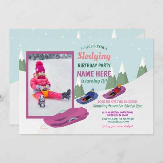 Sledging Birthday Party Slots Snowboard Foto Einladung (Vorne/Hinten)