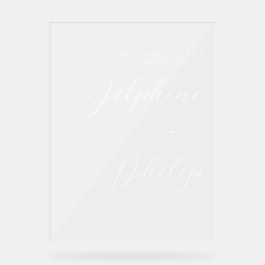 Sleek Arrow & White Script Wedding Willkommen Acrylschild (Vorderseite)