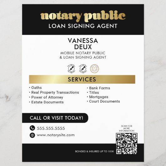 Sleek Black and Gold Notary QR Code Beruflich Flyer (Vorne)