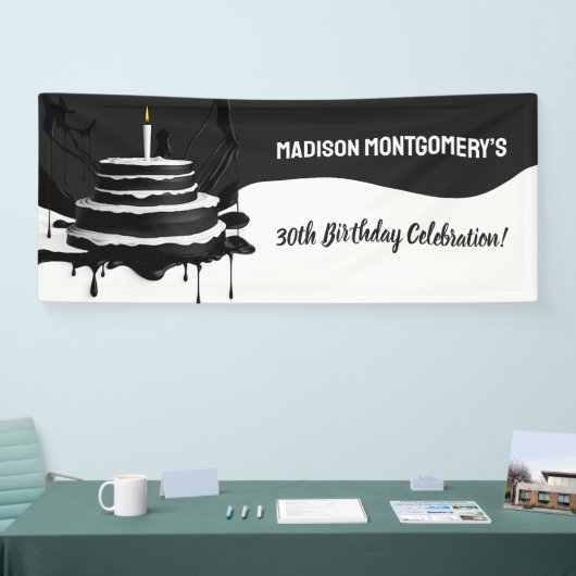 Sleek Black and White Theme Cake Birthday Party Banner (Messe)