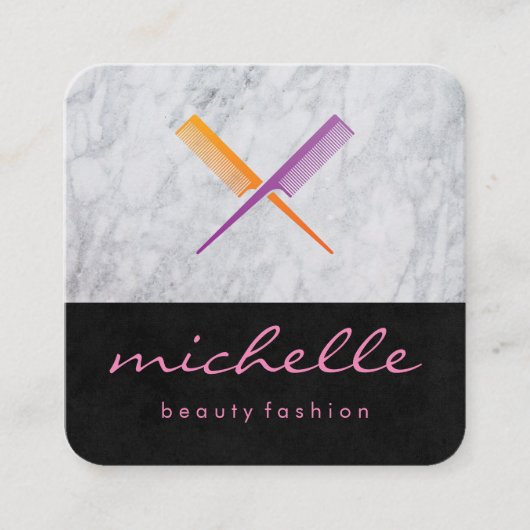 Sleek Black Crossed Comb and Marmor Quadratische Visitenkarte (Vorderseite)