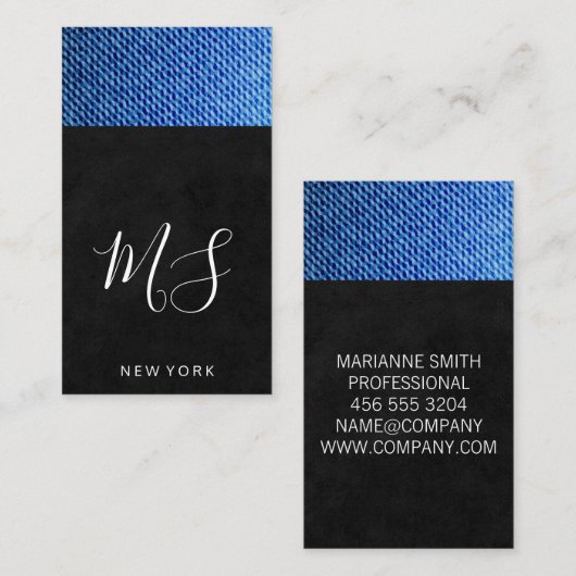 Sleek Black | Denim Texture | Monogramm Visitenkarte (Vorne/Hinten)