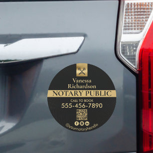 Sleek Black Gold Notary Social QR Marketing Auto Magnet