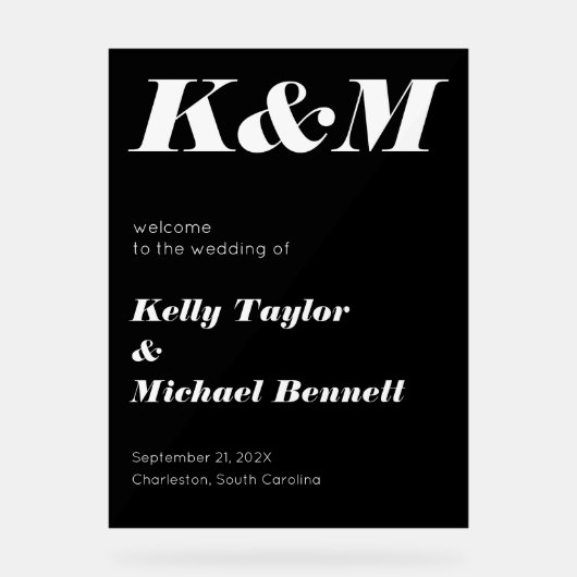 Sleek Black Welcome with Initials Acrylschild (Vorderseite)