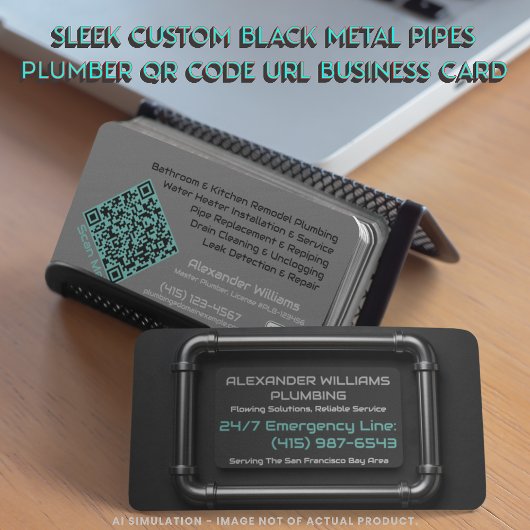 Sleek Custom Black Metal Pipes Plumber QR-Code URL Visitenkarte