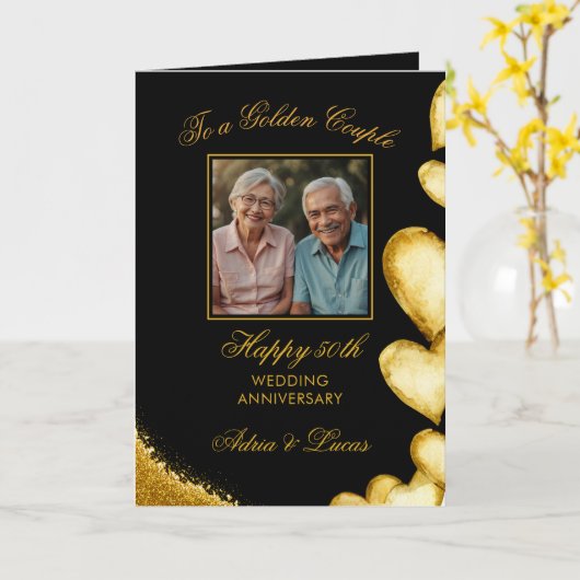 Sleek Gold Heart 50th Wedding Jubiläum Karte (Gelbe Blume)