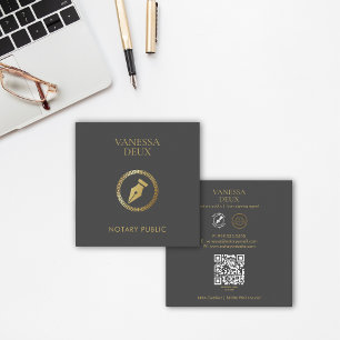 Sleek Gray & Gold Notary Pen QR Logo Elegant Quadratische Visitenkarte