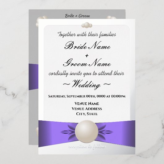 Sleek Lavender & Silver Pearl Ribbon Foto Wedding Folieneinladung (Vorderseite/Rückseite)
