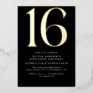 Sleek Modern Black and Gold | Cool 16. Geburtstag Folieneinladung