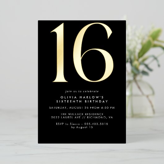 Sleek Modern Black and Gold | Cool 16th Birthday Folieneinladung (Stehend vorne)