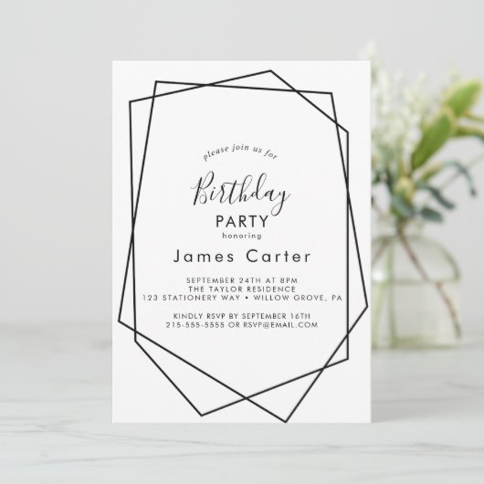 Sleek Modern Script Birthday Party Einladung (Stehend Vorderseite)