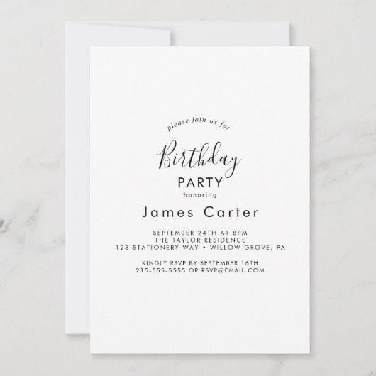 Sleek Modern Script Birthday Party Einladung (Vorderseite)