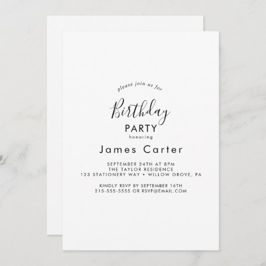 Sleek Modern Script Birthday Party Einladung (Vorne/Hinten)