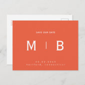 Sleek Monogram Orange Wedding Rettete unser Datum Postkarte (Vorne/Hinten)