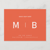Sleek Monogram Orange Wedding Rettete unser Datum Postkarte (Vorderseite)