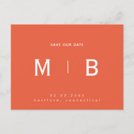 Sleek Monogram Orange Wedding Rettete unser Datum Postkarte