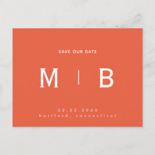 Sleek Monogram Orange Wedding Rettete unser Datum Postkarte