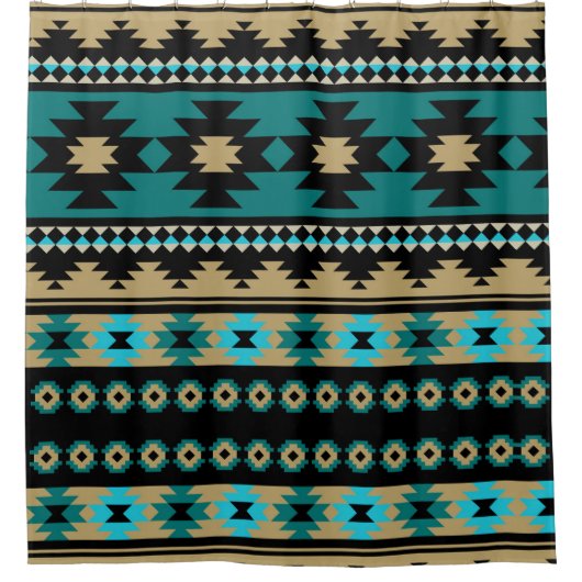 Sleek Native Tribal Aztec Blau und Schwarz Duschvorhang (Vorderseite)