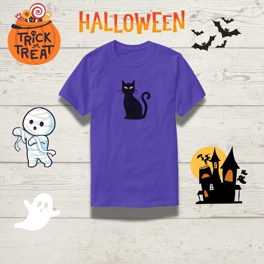 Sleek Orange-Eyed Black Cat Halloween T-Shirt