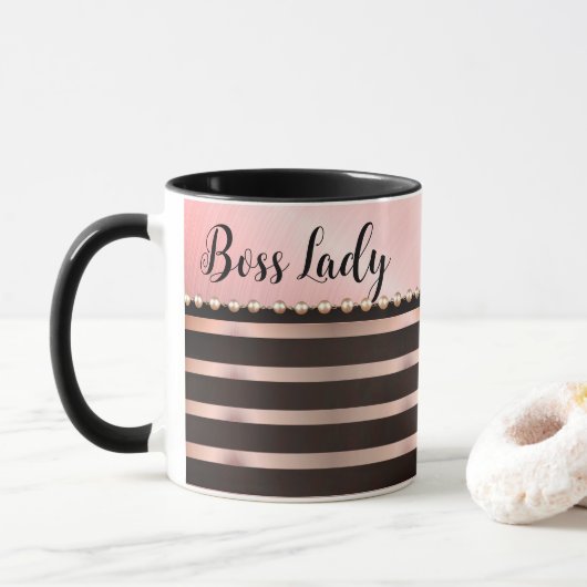 Sleek Pink Striped Boss Lady Tasse (Mit Donut)